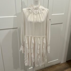 See by Chloe Baby Doll White Lace Dress Ruffle Collar Cuffs Size 44 US 12